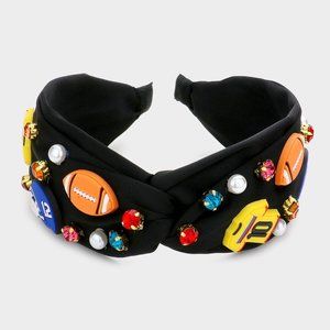 Black Headband Embellished with Football Accessories, Game Day Jewelry
